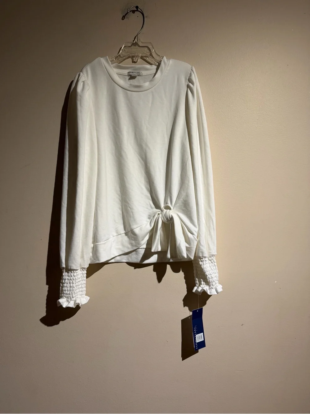 Habitual Cream Knot-Front Long Sleeve Top with Smocked Cuffs